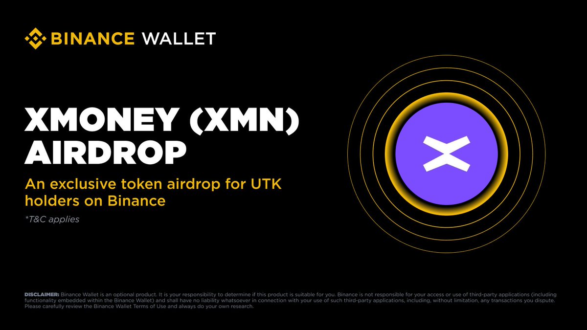 BinanceWallet's tweet image. xMoney (XMN) is now live on Binance Alpha, with debut and trading open as of April 15, 2026, at 12:00 (UTC).

UTK holders on Binance will automatically receive an exclusive airdrop at a ratio of 3 UTK = 2 XMN, distributed directly to their Binance Alpha 2.0 Accounts — no claiming