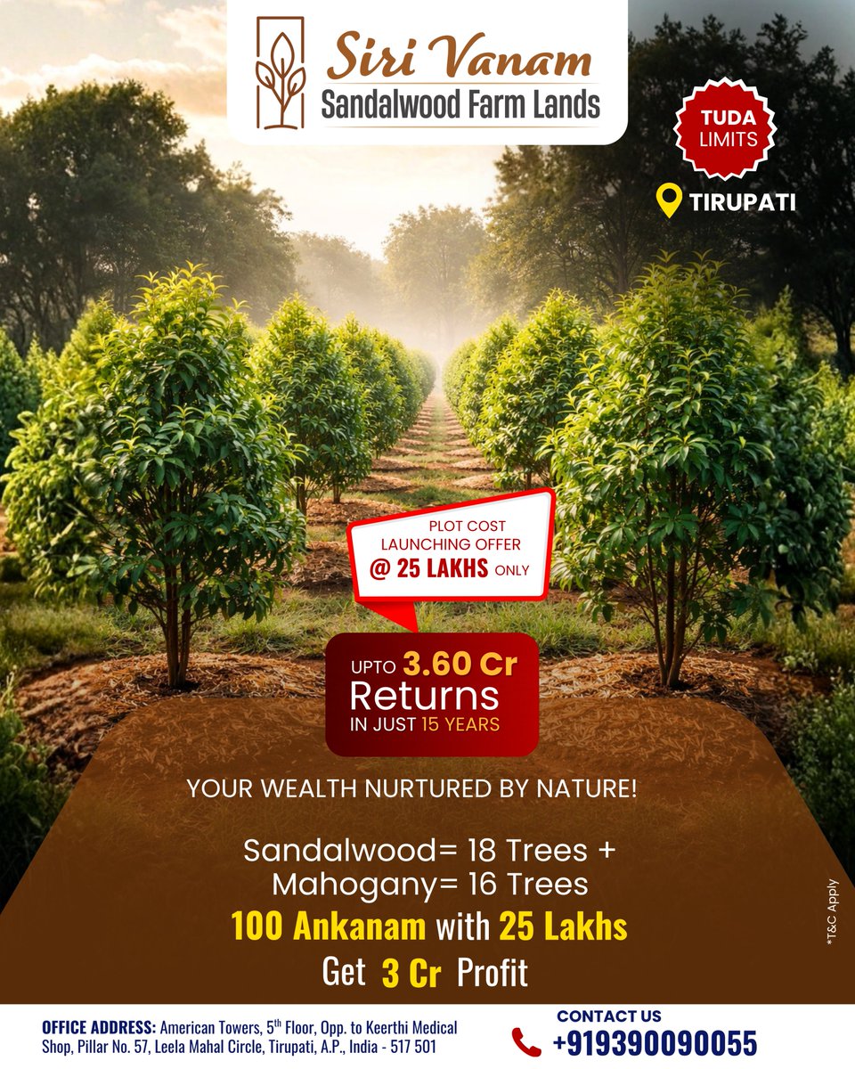 siri_vanam's tweet image. 𝐒𝐢𝐫𝐢 𝐕𝐚𝐧𝐚𝐦 𝐒𝐚𝐧𝐝𝐚𝐥𝐰𝐨𝐨𝐝 𝐅𝐚𝐫𝐦 𝐋𝐚𝐧𝐝𝐬
𝐋𝐚𝐮𝐧𝐜𝐡𝐢𝐧𝐠 𝐎𝐟𝐟𝐞𝐫 — 𝐏𝐥𝐨𝐭𝐬 𝐅𝐫𝐨𝐦 ₹25 𝐋𝐚𝐤𝐡𝐬 𝐎𝐧𝐥𝐲 ✨

📞 : +91 93900 90077.
📍 : American Towers, 5th Floor, Opp. to. Keerthi Medical shop, Pillar No: 57, Leela Mahal #secureyourfuture #offer