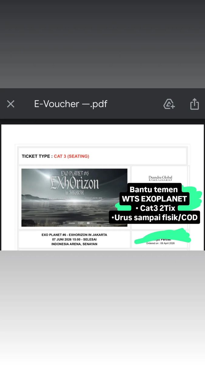 WTS WANT TO SELL TIKET EXO PLANET 6 EXHORIZON DI JAKARTA JKT ADDSHOW 

CAT 3 (2tix)
✅Offer by dm
✅Urus sampai fisik
✅trusted no scam

(Bantu temen exol) 

#WTS #EXHORIZONINJKT #EXOINJKT #EXO #WTB
