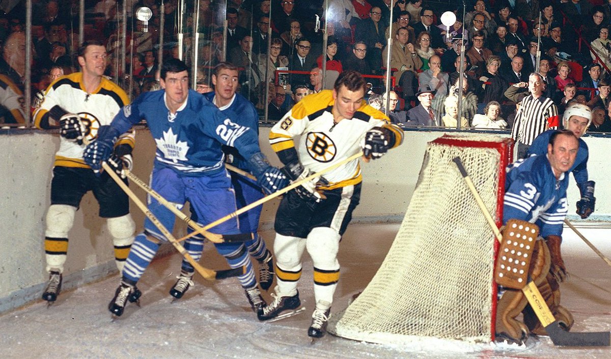 SayItIsSoJoe's tweet image. #Bruins and #Leafs action from Maple Leaf Gardens.  Players from L-R: Ron Murphy, Pat Quinn, Bob Pulford, Ken Hodge, Goalie Bruce Gamble and Mike Walton. #NHLBruins #LeafsForever