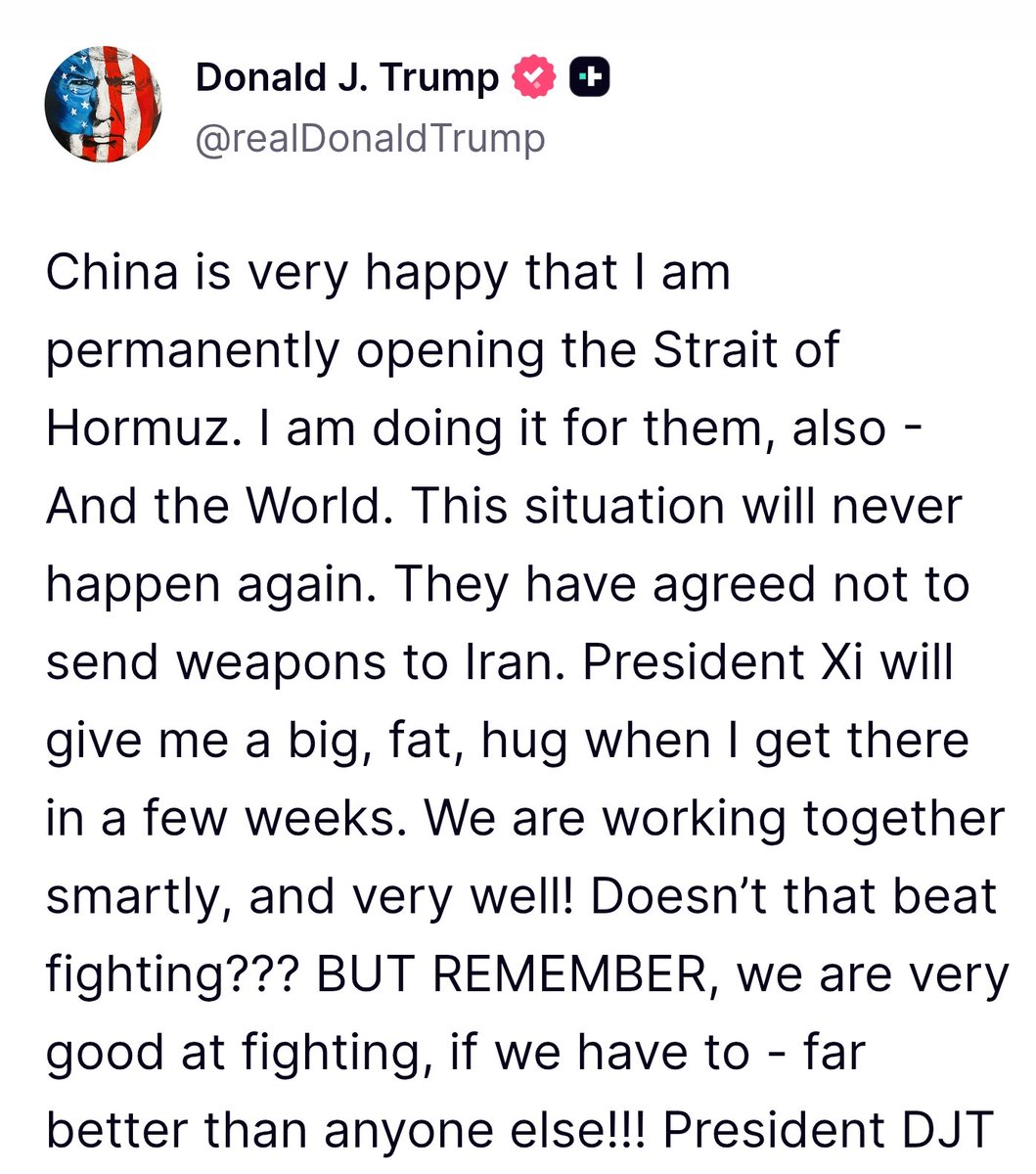 faultlineworld's tweet photo. China is very happy and I am permanently opening the strait of Hormuz -Trump https://t.co/LxaKJ1VmWB