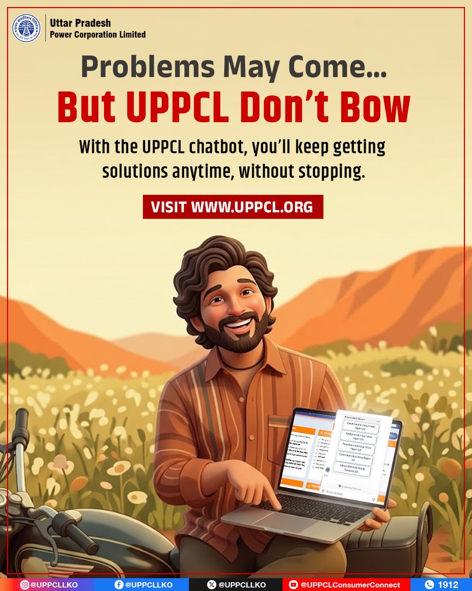 UPPCLLKO's tweet photo. No more waiting, no more confusion, just instant support at your fingertips. From checking your bill to registering complaints, the UPPCL chatbot is here to make your electricity services smooth, fast, and hassle-free.
#UPPCL #SmartSupport #DigitalUPPCL

@CMOfficeUP
@EMofficeUP
@aksharmaBharat
@mduppcl