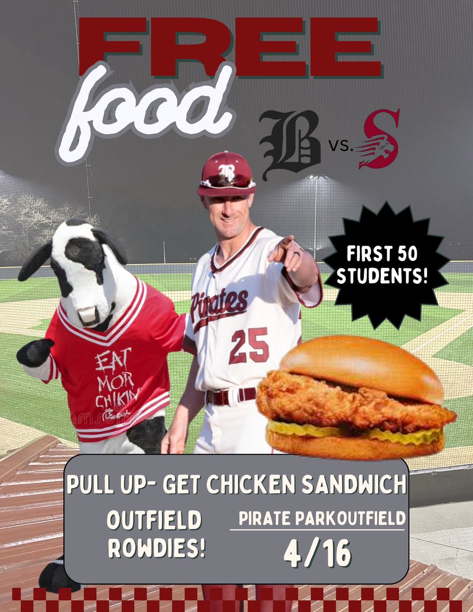 🏴‍☠️YOU GET A SANDWICH! YOU GET A SANDWICH! WE WANT YOU IN THE OUTFIELD! 🏴‍☠️ 

Thursday, April 16th the FIRST 50 STUDENTS in the outfield will get a Chick-Fil-A chicken sandwich! 

Pirate Park needs YOU in the outfield. Pull up! Get loud! The outfield feeds the loudest fans!
