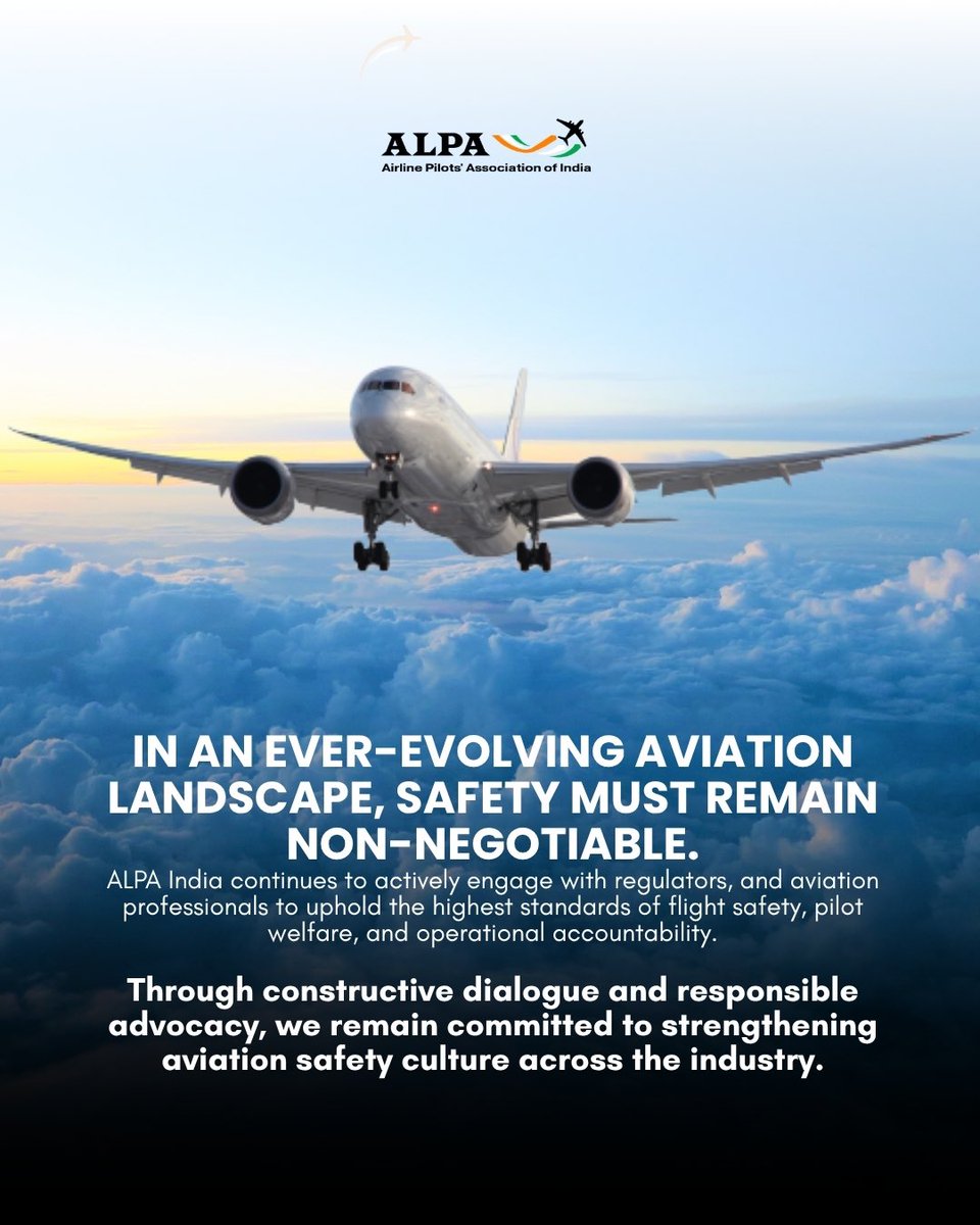 In_Alpa's tweet photo. Safety is not a goal — it is a responsibility.

ALPA India remains committed to advocating for the highest standards of flight safety, pilot welfare, and operational accountability across Indian aviation. https://t.co/qt1IDdhzrE