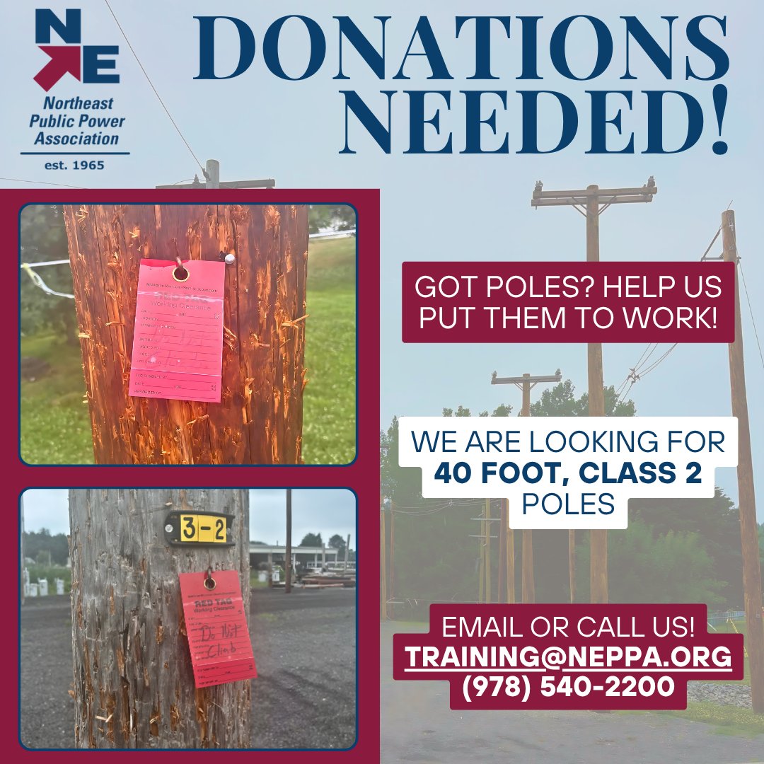 NEPPA_Littleton's tweet image. Our training poles have seen some things 😅⚡

After 1,000+ climbs, they’re ready to retire—and our #Apprentices need your help.

Got 40 ft Class 2 poles? Put them to work.

Help us keep #Lineworkers training safe for June’s rodeo ⚡
#SkilledTrades #PublicPower #Massachusetts