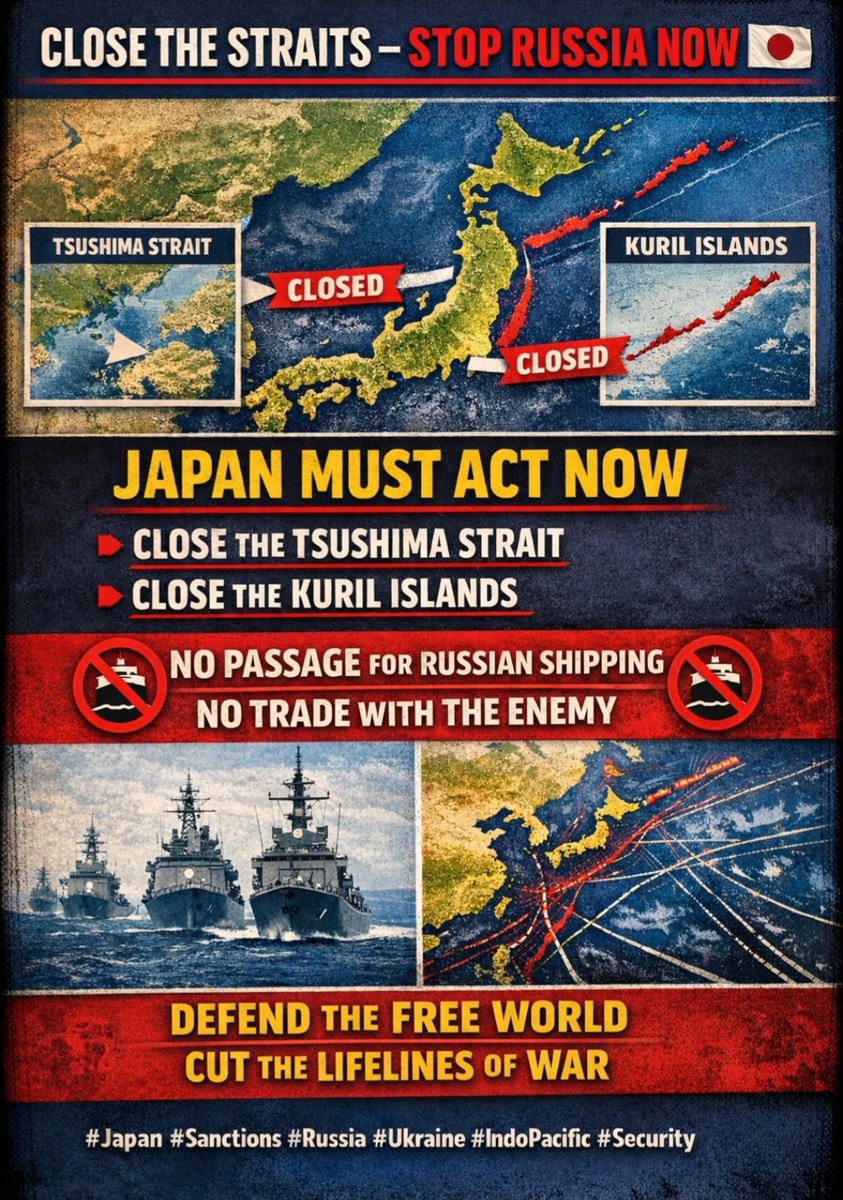 GunterFehlinger's tweet image. Japan must act now. @takaichi_sanae
Close the Tsushima Strait.
Close the Kuril Island chain.
No passage for Russian shipping.
No trade with the enemy.
Cut the lifelines of war. Defend the Free World.
#Japan #Russia #Sanctions #Ukraine #IndoPacific