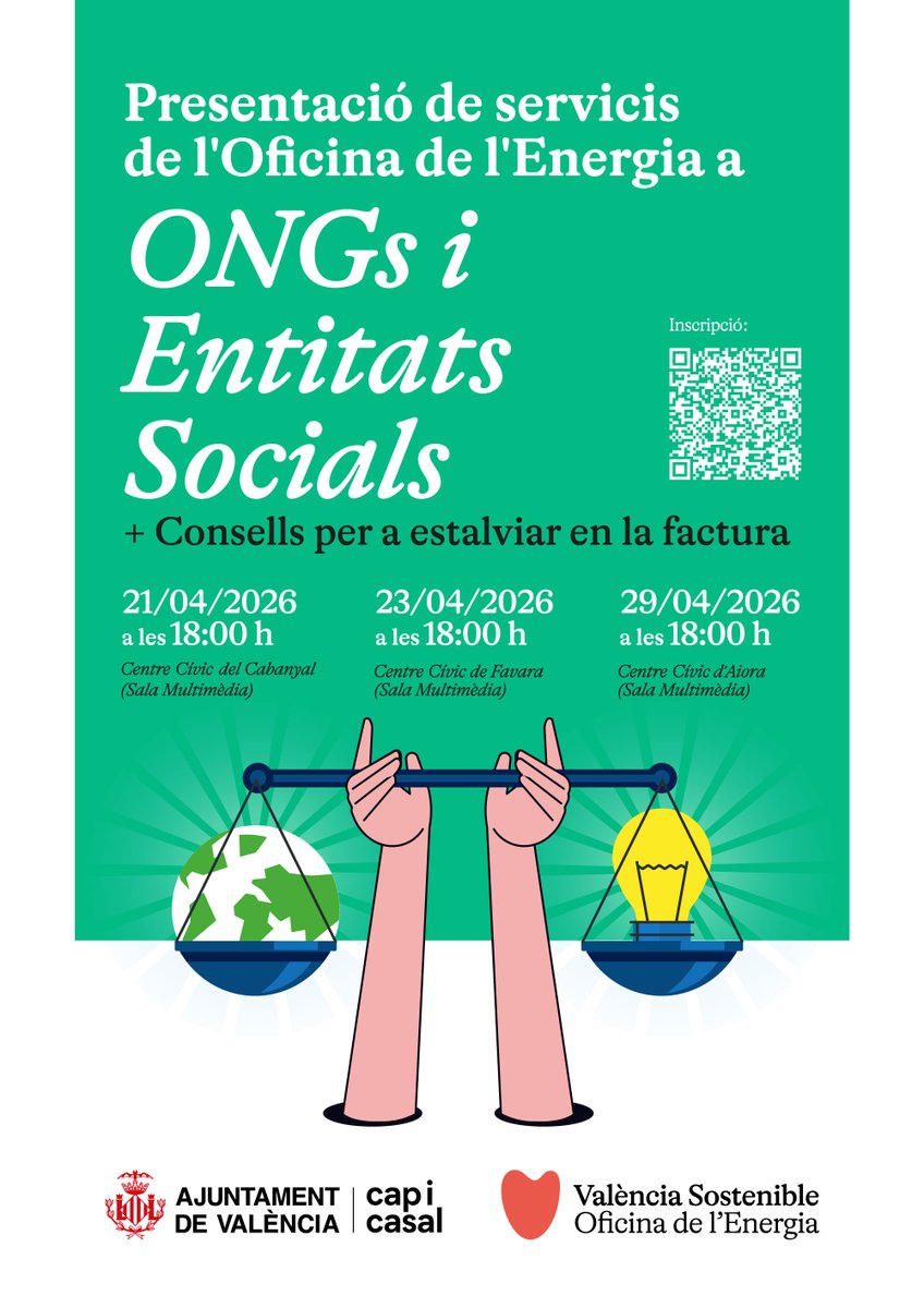 participaVLC's tweet photo. 💡 ¿Sois una ONG o asociación en València?
@vlcsostenible presenta recursos energéticos gratuitos ⚡
📅 21, 23 y 29 de abril | 🕕 18h
📉 Claves para reducir costes energéticos
¡Reserva tu plaza! ✍️ https://t.co/3o58DPwr9f