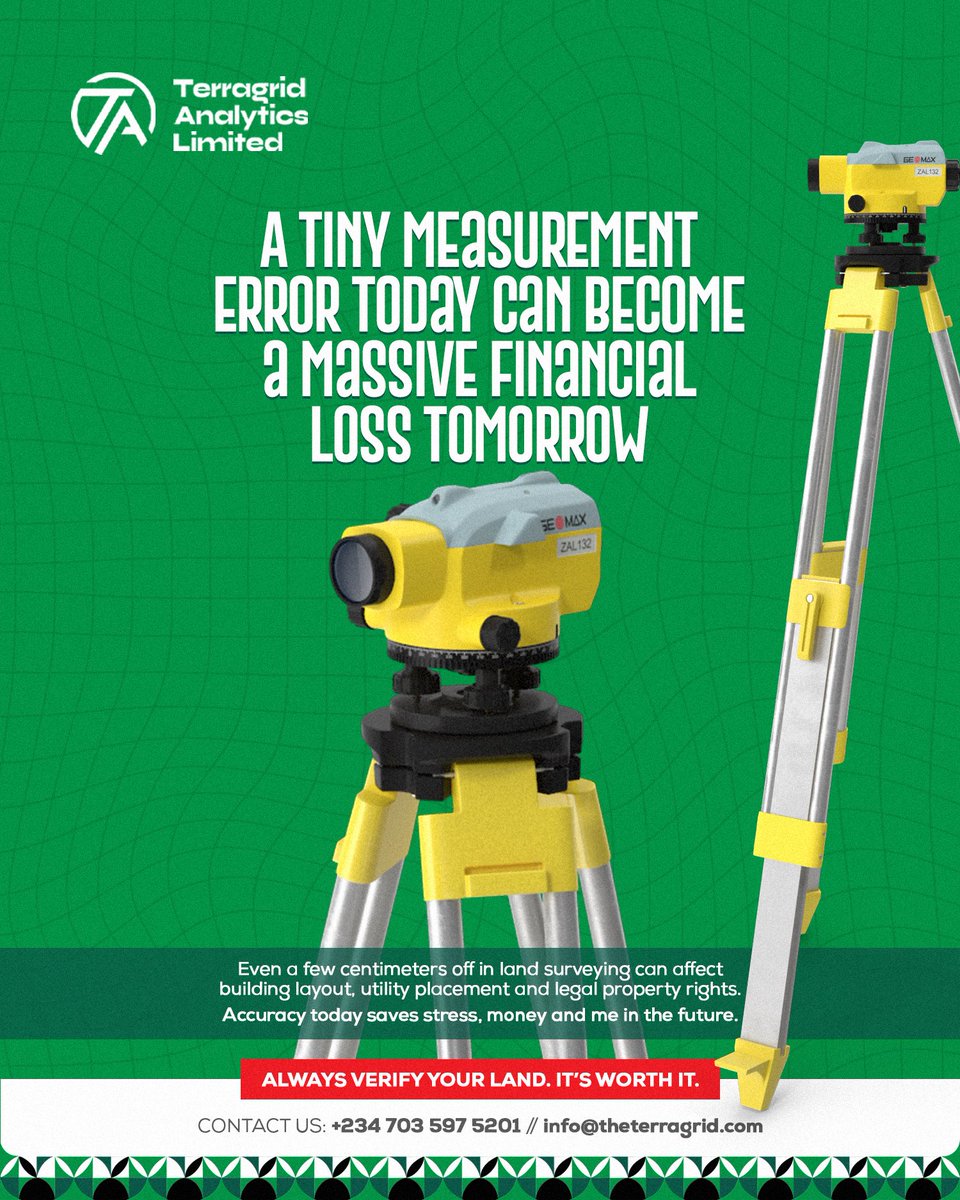 terragrid's tweet image. That “small” mistake you ignore today could cost you millions tomorrow.

From building alignment to property boundaries, precision matters at every stage.

Work with professionals who get it right the first time.

📩 Get your land surveyed today

#LandSurveying #gis #surveyor