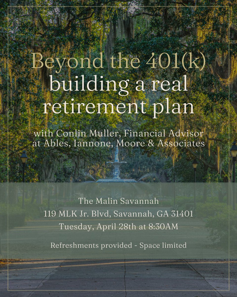 aima_inc_'s tweet photo. Retirement is more than just a 401(k).

Join Conlin Muller on April 28th in Savannah for a seminar on building a more complete investment strategy.

⏰ 8:30 AM | ☕ Refreshments provided
🔗 https://t.co/MMIWnKhBSn

Info only. Not advice. Investing involves risk. https://t.co/pkmDm8Ho1n