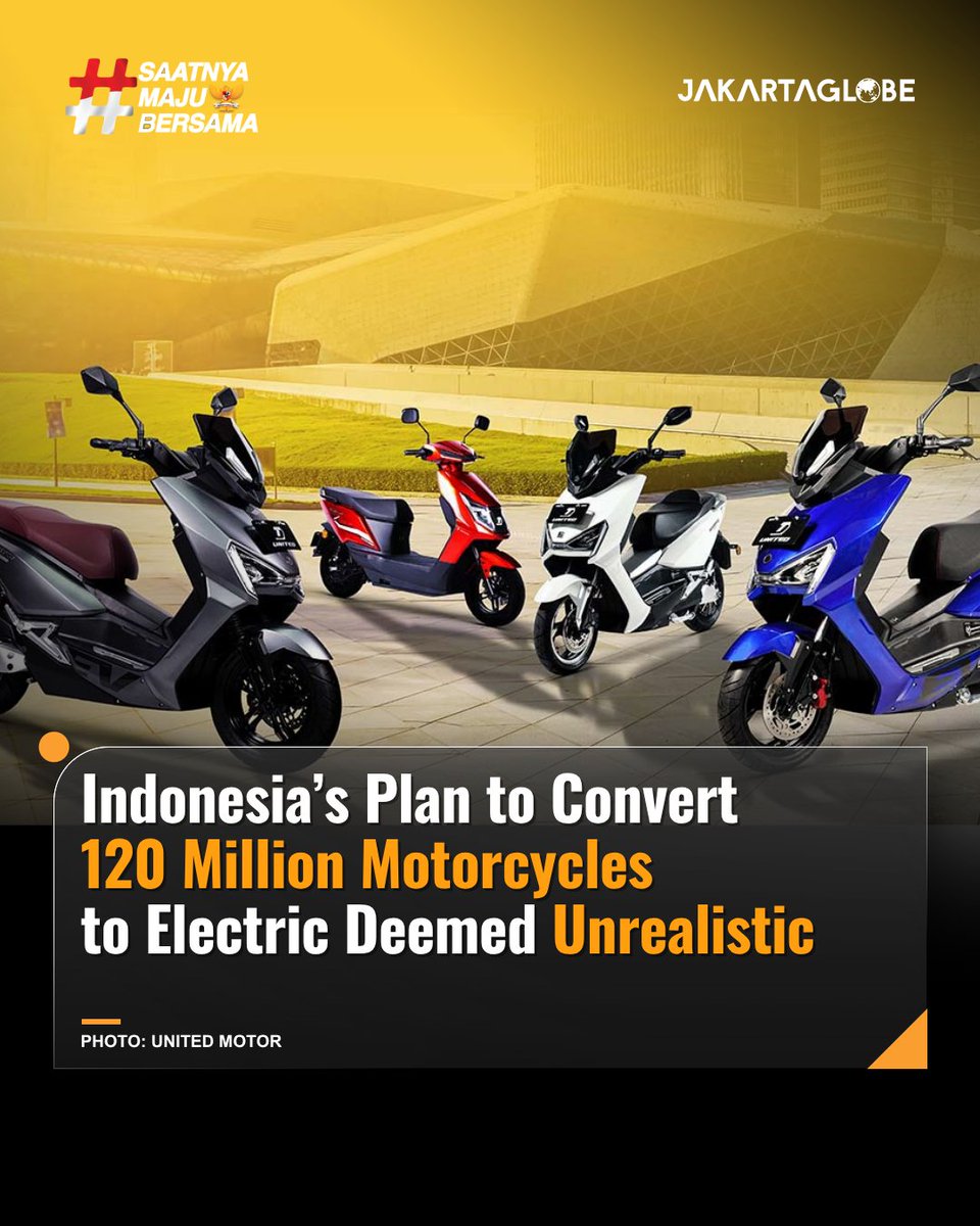 thejakartaglobe's tweet image. Indonesia’s plan to convert 120 million motorcycles to electric vehicles is being seen as unrealistic by analysts.

Read more on Jakarta Globe!

#jakartaglobe #ElectricVehicles #EnergyTransition