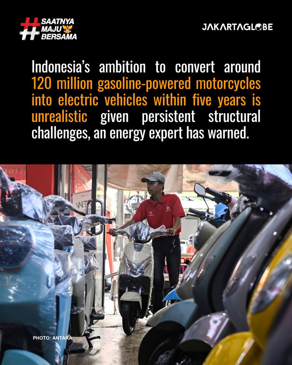 thejakartaglobe's tweet image. Indonesia’s plan to convert 120 million motorcycles to electric vehicles is being seen as unrealistic by analysts.

Read more on Jakarta Globe!

#jakartaglobe #ElectricVehicles #EnergyTransition