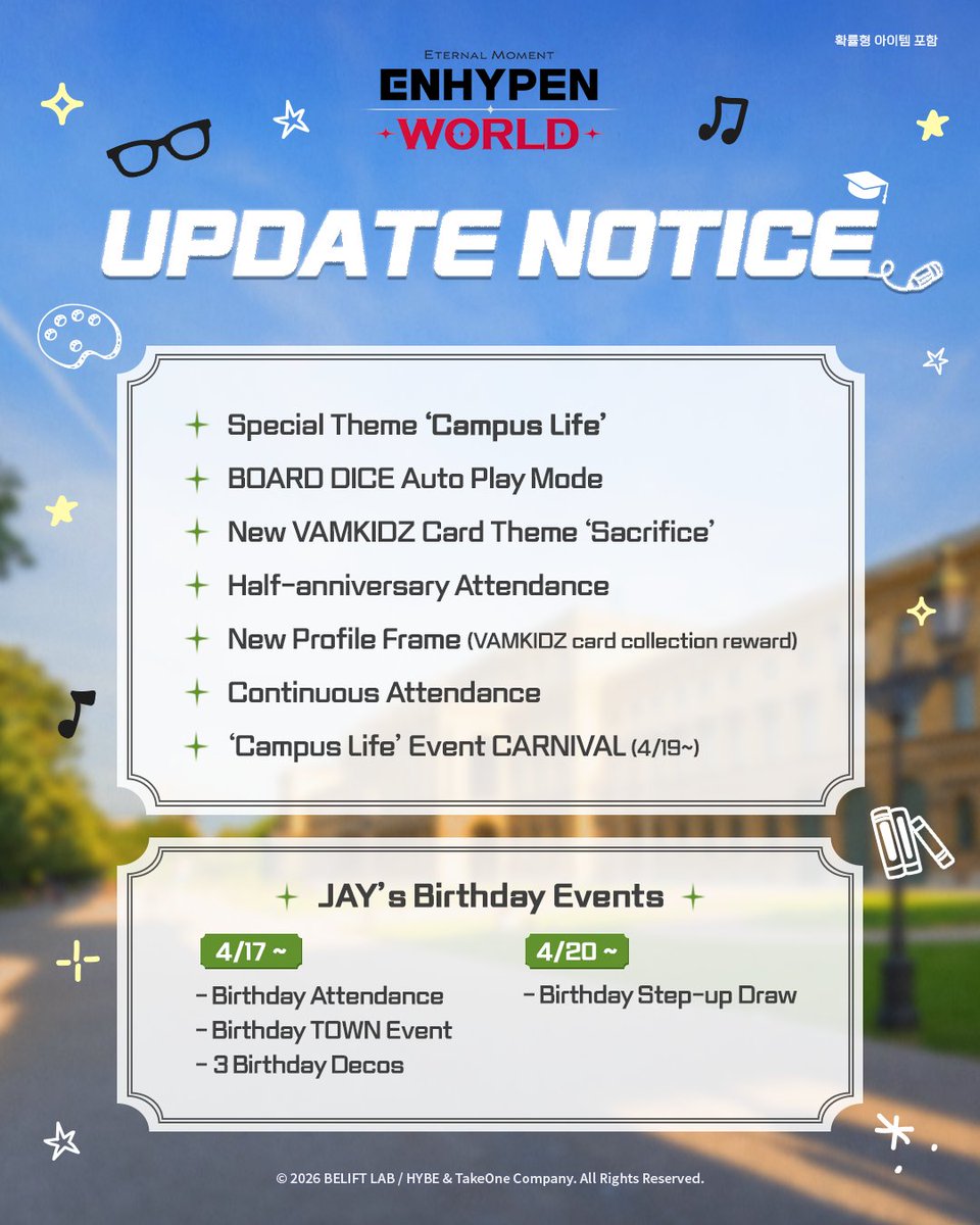 ENHYPENWORLD_X's tweet image. 🎒 Update Notice

ENHYPEN's 'Campus Life' !
We've prepared events to celebrate the game's half-anniversary and JAY's birthday.
Check them out in tomorrow's update!

Details 👉 tinyurl.com/ybv6krkp

 🎮Download Now
enhypenworld.com/store.html

#ENHYPENWORLD #엔하이픈월드
#ENHYPEN