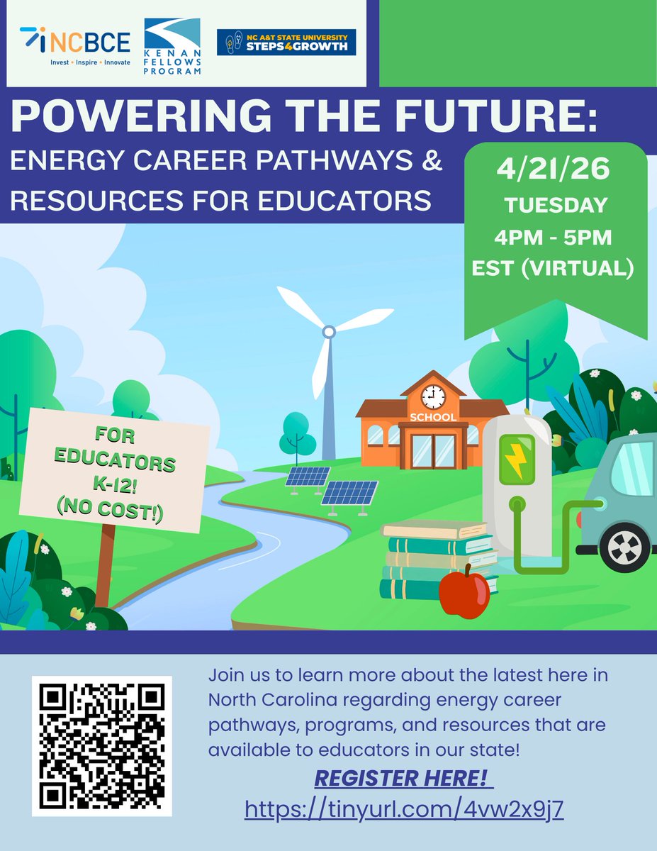 CleanEnergy_NC's tweet photo. Calling all #educators! We’re hosting a free webinar where we’ll discuss career pathways and resources for educators within the energy industry in NC on Tuesday 4/21/26 from 4PM-5PM! 

REGISTER HERE: https://t.co/f8G53DT1w0 https://t.co/hwDYdTwiFP