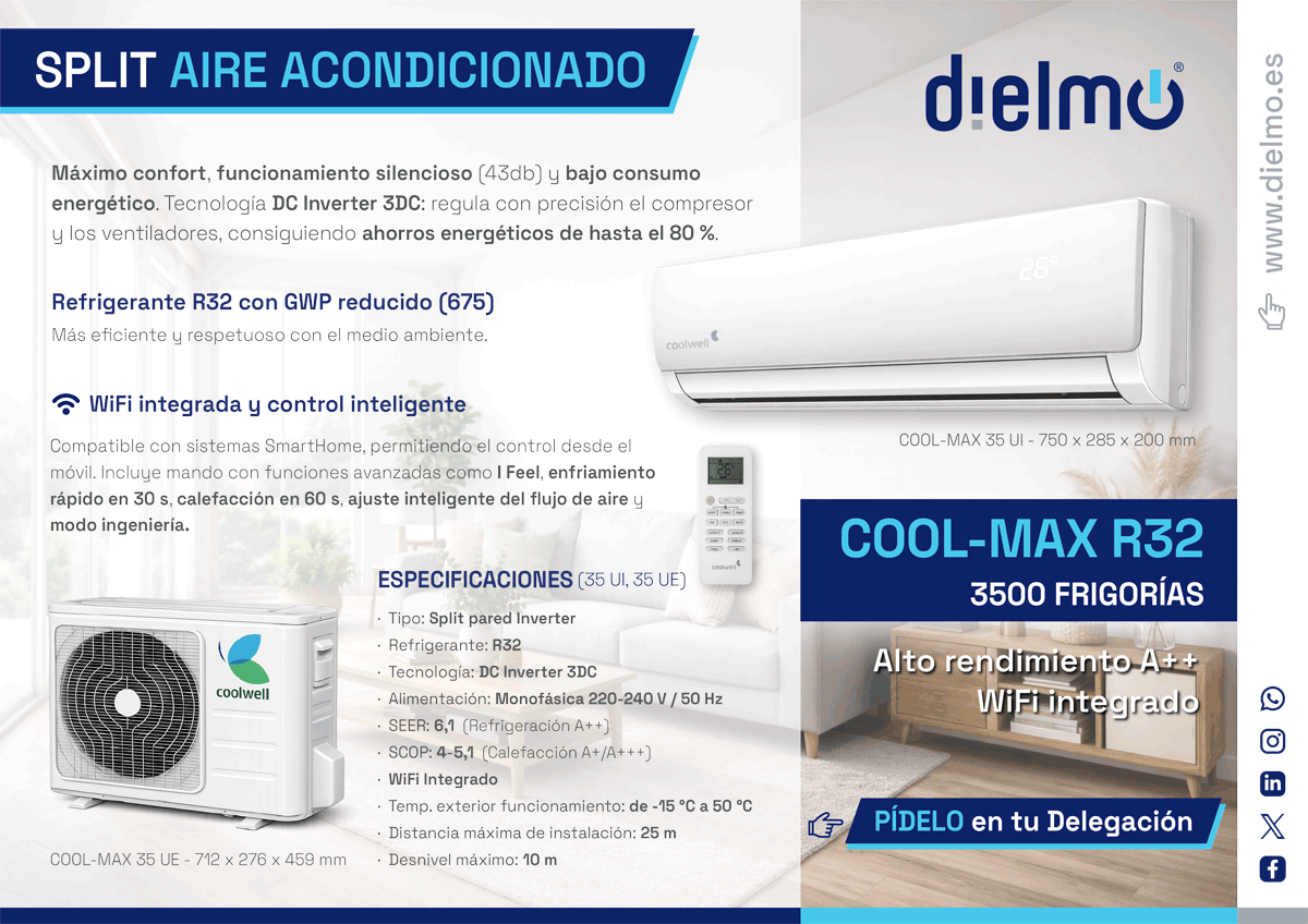 DielmoSL's tweet photo. ❄️ Climatización profesional sin complicaciones

COOL-MAX R32 3500 frigorías
✔️ A++
✔️ WiFi
✔️ Silencioso
👉 https://t.co/GPRC7xuq5I
#AireAcondicionado #HVAC https://t.co/YnVEVnBAu8