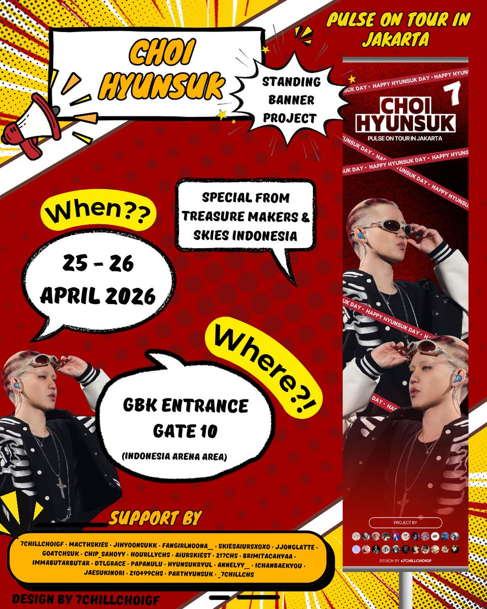 SPECIAL FOR OUR BIRTHDAY BOY
CHOI HYUNSUK at PULSE ON TOUR IN JAKARTA

📍 Gate 10, Indonesia Arena
🗓️ 25-26 APRIL 2026

Jakarta is ready!! Welcome back &amp; happy birthday, Hyunsuk! Let’s make unforgettable memories 🔥🎉

#PULSE_ON_IN_JAKARTA
#CHOIHYUNSUK #최현석 #ヒョンソク #7CHILL