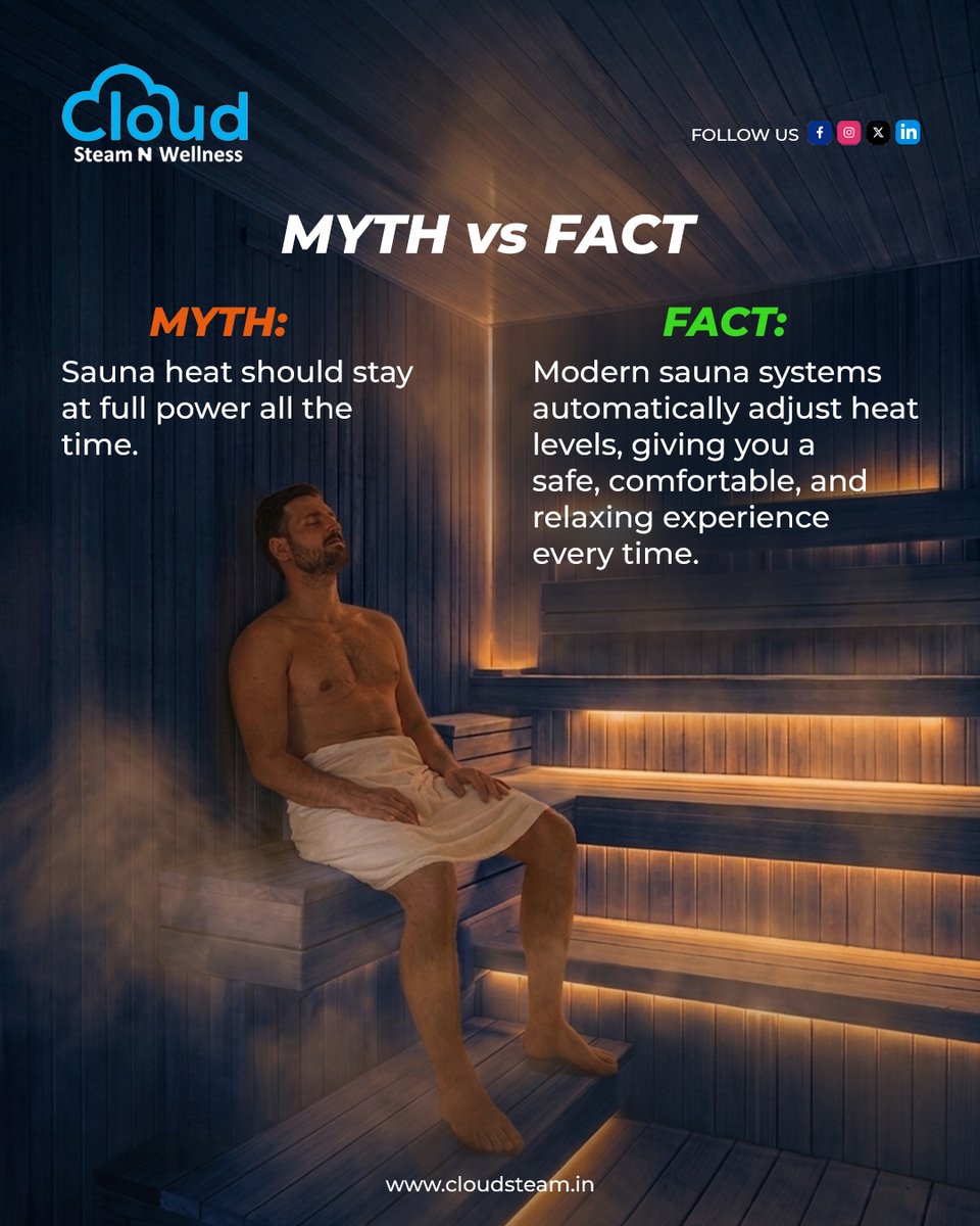 cloudsteamblr's tweet photo. At Cloud Steam N Wellness, we believe relaxation should be both luxurious and safe.
Many think sauna heat must stay at full power — but the truth is smarter technology creates a better experience.

#CloudSteamNWellness #MythVsFact #SaunaLife #WellnessExperience #LuxuryWellness https://t.co/h9XkuYmbgb