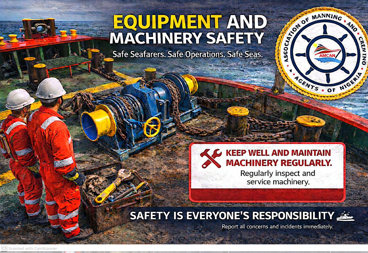 amcan_ng's tweet photo. Effective machinery maintenance is fundamental to safe and efficient ship operations. Routine inspection and timely servicing not only enhance equipment reliability but also significantly reduce operational risks onboard.
Maintain standards. Prevent incidents etc
#AMCAN #NIMASA https://t.co/1W4Uunimc8