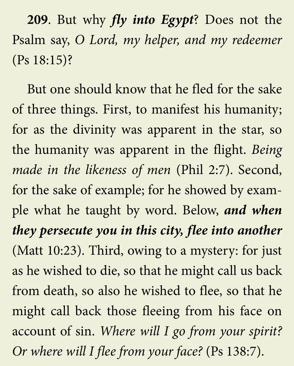 Aquinas on Jesus’ flight into Egypt (Matt 2). Fascinating to think of this episode as having a truly salvific function (the “mystery”), that in fleeing Christ effectively goes out to meet all sinners who have fled from him.