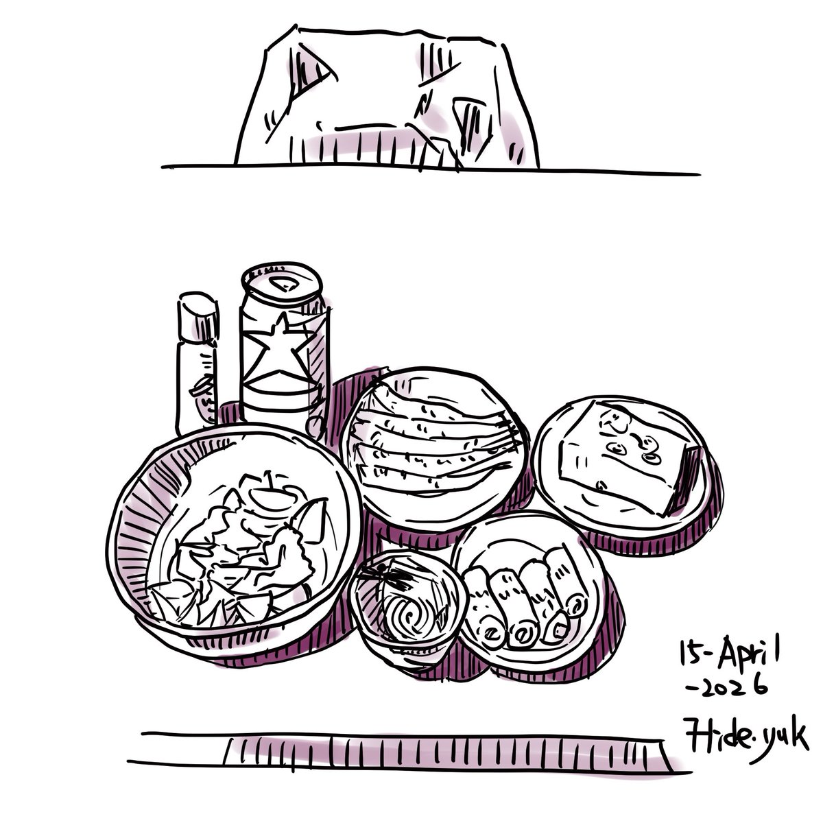 hidebosan's tweet image. latihan. makan malam pada hari ini. 今日の夕食。 #sketsapen #pensketch  #sketch #clipstudio #makanan