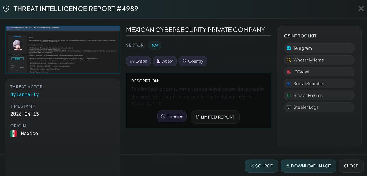 VECERTRadar's tweet image. 🚨 CRITICAL CYBERSECURITY ALERT: ALLEGED MASSIVE BEPRIME DATA LEAK AND SUPPLY CHAIN ​​COMPROMISE 🇲🇽🔐

A catastrophic security breach has been detected affecting BePrime, a cybersecurity services firm headquartered in Nuevo León, Mexico. Threat actor "dylanmarly" has leaked over