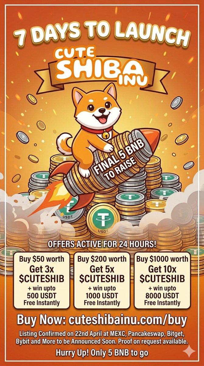 🔥 ONLY 7 DAYS TO LAUNCH! &amp; JUST 5 BNB LEFT! 🔥

Our $CUTESHIB presale is almost over. This is your absolute LAST CHANCE to get in before we list on major exchanges!

MEXC, PancakeSwap, Bitget, and Bybit are CONFIRMED for April 22nd. Many more to be announced soon!

🚀 MASSIVE