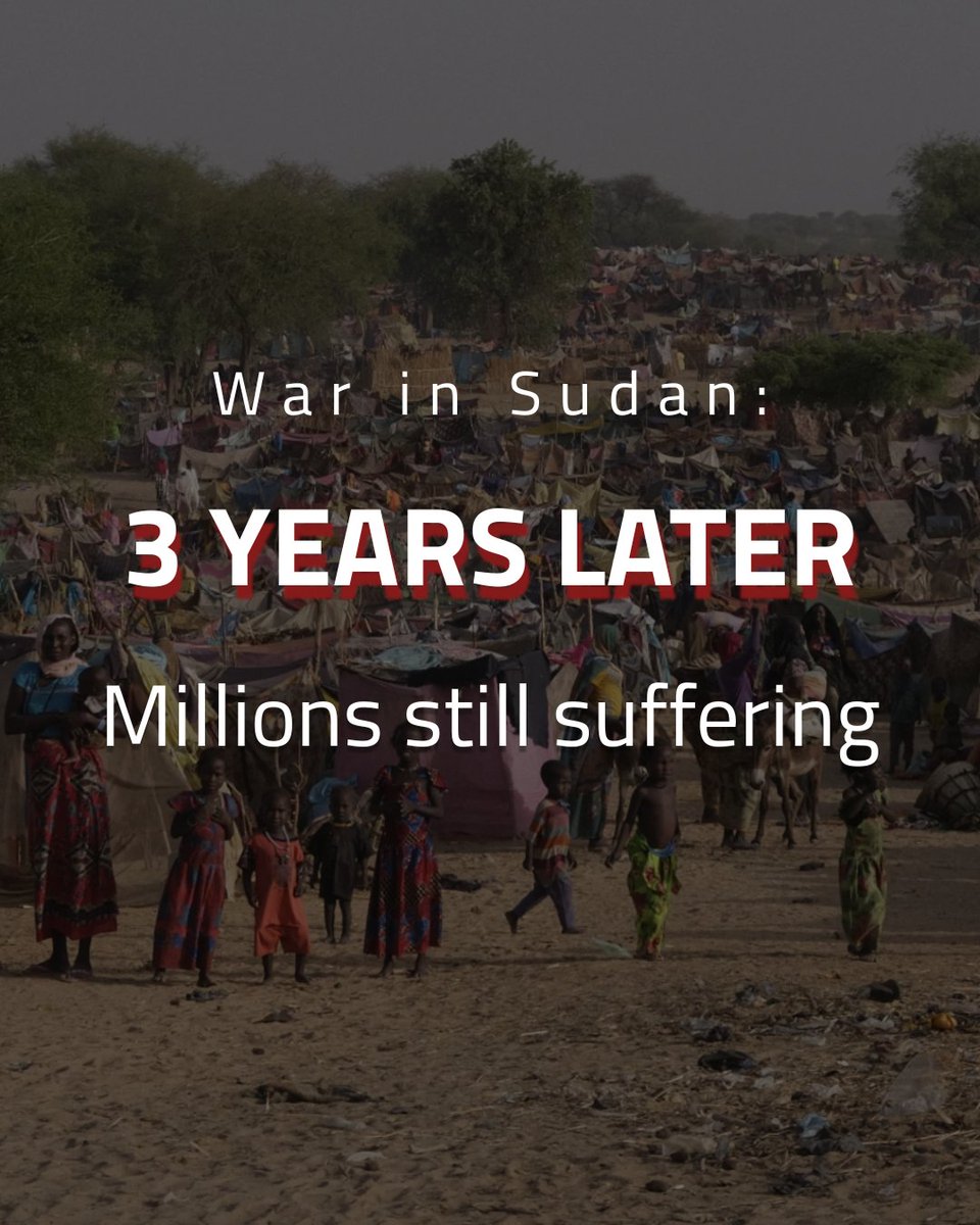 CIHRS_Alerts's tweet image. 3 years of war in #Sudan.

🔴150,000+ killed
🔴13M+ displaced
🔴30M+ in need of aid
🔴19M+ facing hunger

The world’s largest #humanitarian crisis, fueled by power struggles, external arms flows, &amp;amp; global inaction—and still ignored.

Sudan cannot wait.

#Ceasefire.