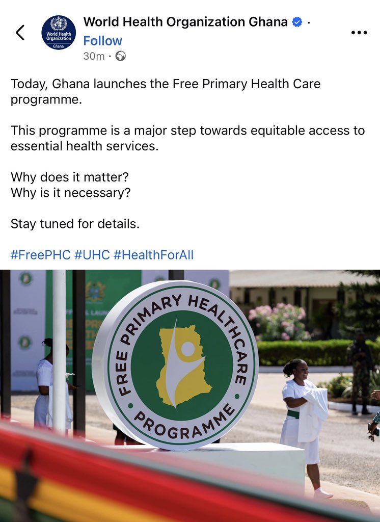 One of the recommendations of WHO is that scaling up PHC could deliver 90% of essential services, potentially saving 60 million lives and increasing global life. 

It's such a relief for Ghana to take such a bold step for a sound and healthier country!

#FreePrimaryHealthCare