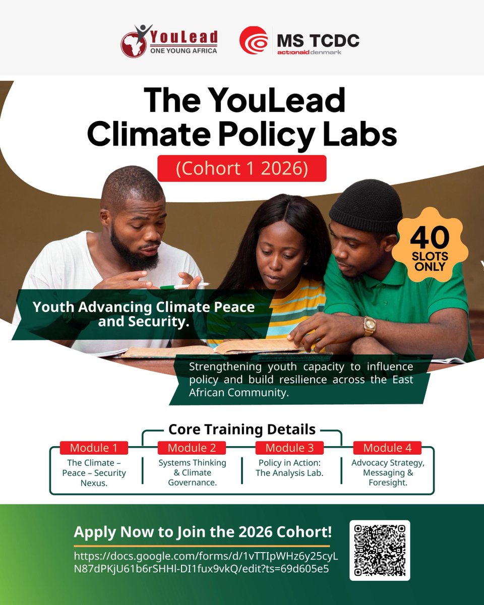 OneYoungAfrica's tweet image. #Opportunity: Calling on all young East African leaders!.

Applications are open for the YouLead Africa virtual Climate Policy Labs - cohort 1 2026.

Only 40 slots available.

Apply now via 👉 docs.google.com/forms/d/1vTTIp…