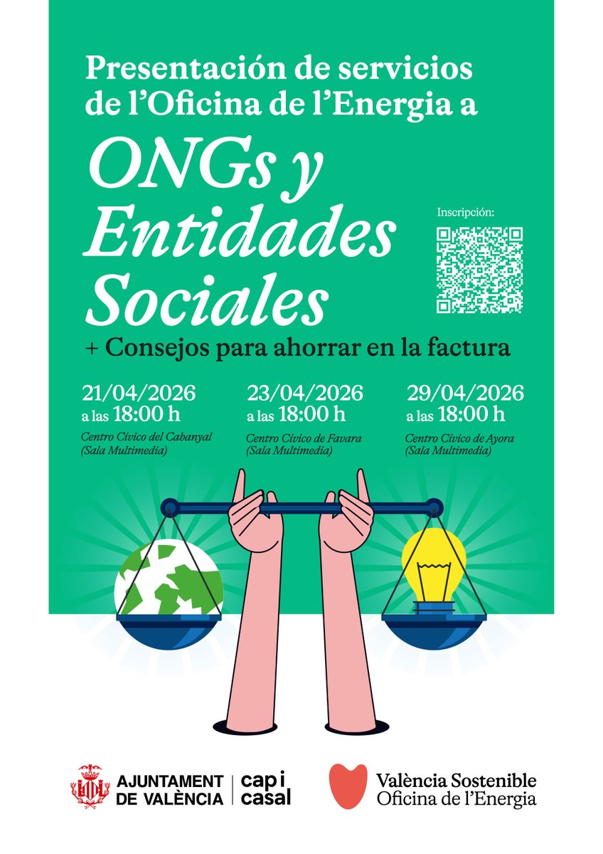 participaVLC's tweet photo. 📣 Associacions i ONGs de València
@vlcsostenible vos convida a conéixer serveis energètics gratuïts ⚡
📅 21, 23 i 29 d’abril | 🕕 18 h
💡 Consells útils per a estalviar energia
Inscripció oberta! ✍️ https://t.co/9FBA7kH5Rm