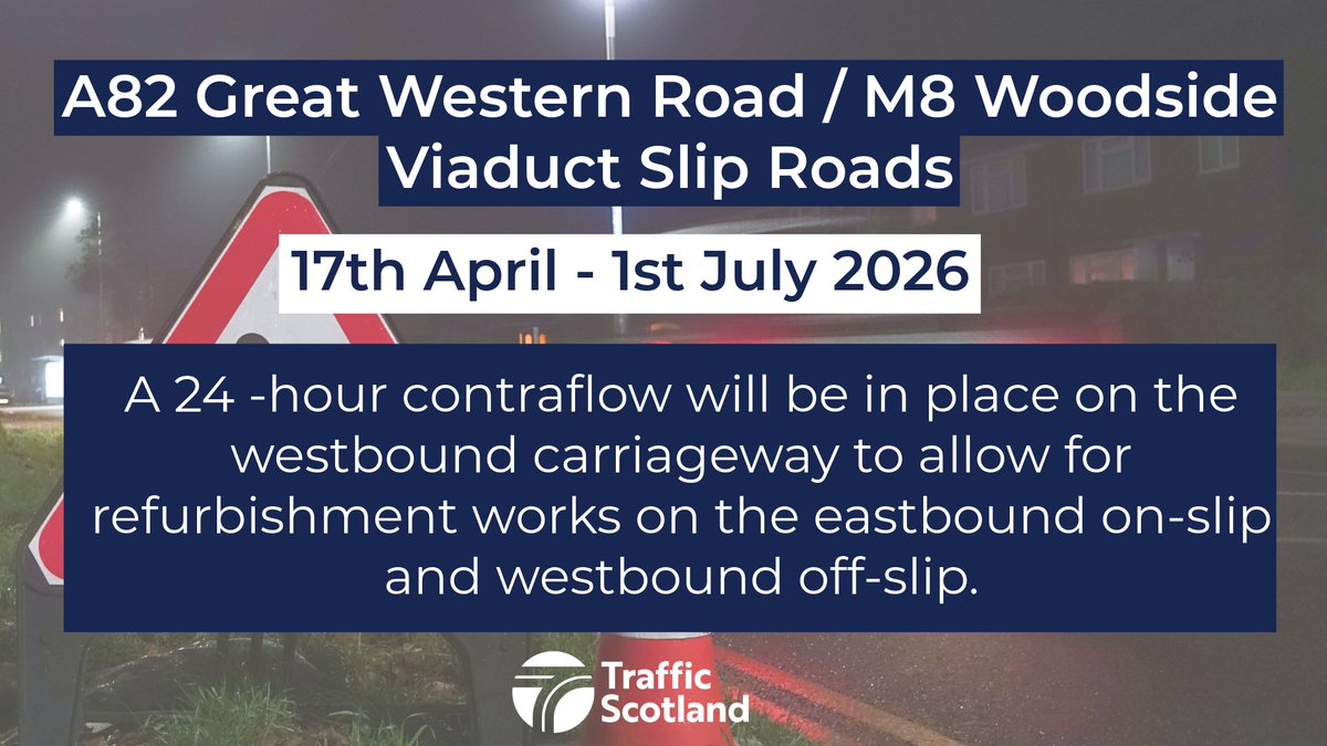 trafficscotland's tweet image. 🚧ROADWORKS ALERT 🚧 

🗺️ #A82 Great Western Road / #M8 Woodside Viaducts
📆 17th April - 1st July
🕛 24/7

For refurbishing works of the eastbound and westbound slips, a contraflow will be in place on the westbound carriageway.

Full details here 👉 tinyurl.com/4khv32hp