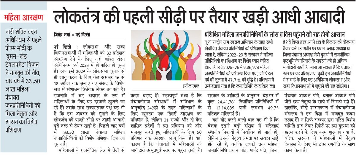 लोकतंत्र की पहली सीढ़ी पर सशक्त आधी आबादी

पंचायती राज संस्थाओं में महिलाओं की लगभग 50 प्रतिशत भागीदारी आज जमीनी लोकतंत्र की वास्तविक शक्ति बन चुकी है। प्रशिक्षण और क्षमता निर्माण के माध्यम से महिलाएँ नेतृत्व और निर्णय प्रक्रिया में निरंतर अधिक प्रभावी भूमिका निभा रही हैं।