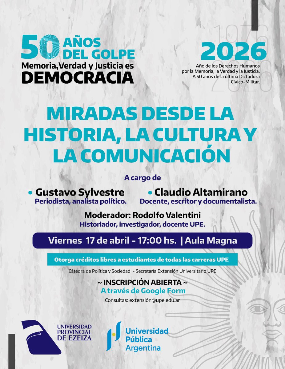 claudaltamirano's tweet image. A 50 años del golpe, la memoria sigue siendo compromiso democrático. Nos encontramos este viernes en la UPE para pensar juntos historia, cultura y comunicación @Gatosylvestre @Radio10
#MemoriaVerdadJusticia #Democracia #UPE #50Años #Historia #Cultura #Comunicación