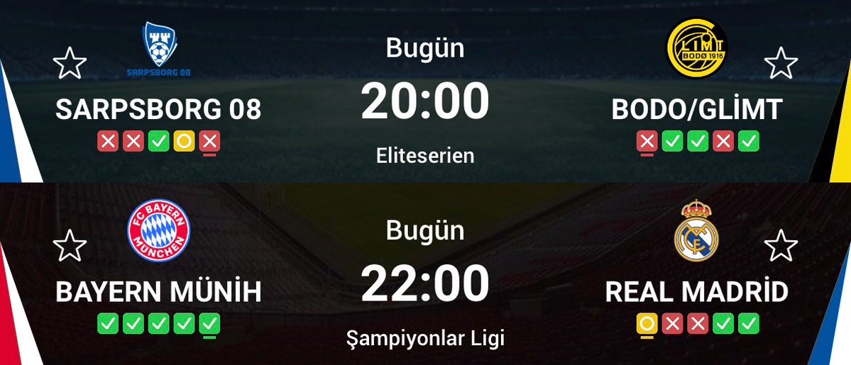 kkalleyte's tweet image. GÜNÜN KUPONU ✍️

🏟️ Bayern - Real Madrid 
🔛 3.5 üst 
📊 1.60

🏟️ Sarpsborg - Bodo/Glimt
🔛 Ms 2 ve 2.5 üst
📊 1.70

Güven Derecesi: +80