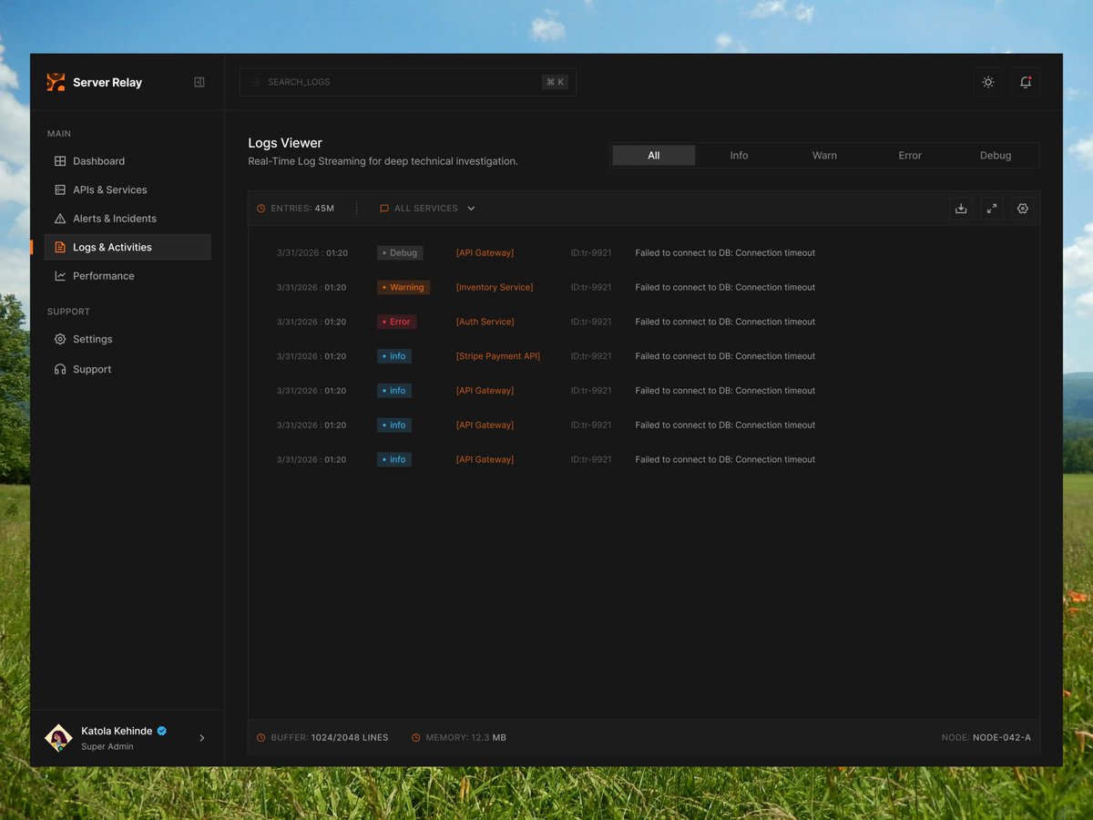 Logs &amp; Activities: See real-time logs across all services in one place. Each entry shows the log type, affected service, timestamp and message details, making it easy to track system activity, identify errors and understand what’s happening as it unfolds.