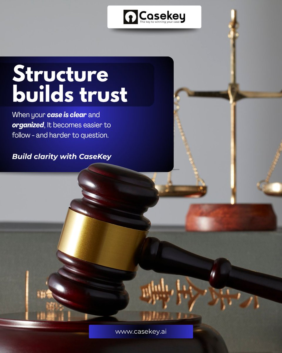 casekey_ai's tweet image. When your case is structured, consistent, and easy to navigate, it becomes easier to understand and harder to challenge. Clear organization helps your key points stand out and builds confidence in your argument.

#CourtroomReady #LegalClarity #CaseKey #CasePreparation
