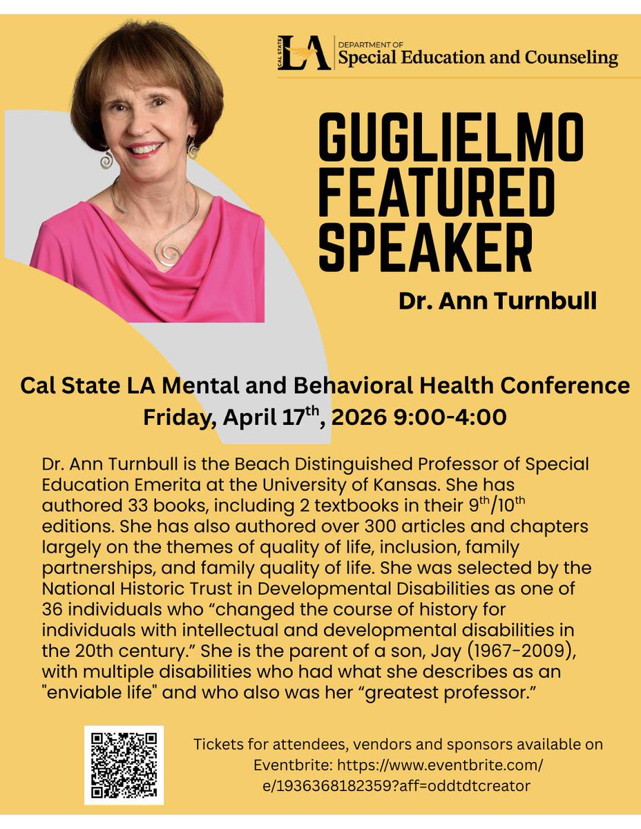 _2Teach's tweet photo. The Cal State LA Mental and Behavioral Health Conference is this Friday, April 17, featuring keynote speaker Dr. Ann Turnbull. We’re especially proud that 2Teach Global associate Dr. Emily Frake will be presenting her session, The Right to Belong, as part of this important event. https://t.co/YsCgmqxAIC