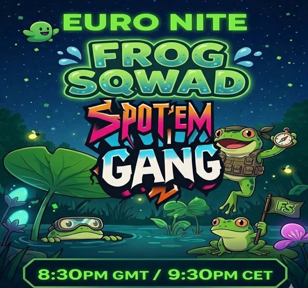 SpotemGang's tweet photo. 🐸 HOP IN, SPOTTERS 🐸
Euro Night is here and Frog Sqwad is taking over! 🌿

Expect chaotic hopping, questionable teamwork, lily-pad drama, and absolute amphibian madness 🐸🔥

3:30PM EST / 8:30PM GMT
Leap in &amp; join the Discord

#FrogSqwad #EuroNight https://t.co/4Wt11eflsI