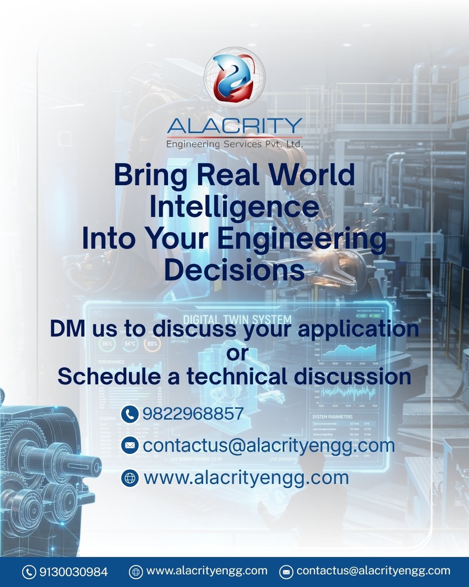 AlacrityEngg's tweet photo. #Engineering decisions shouldn’t rely on static validation alone.
#DigitalTwin enables you to #simulate real conditions, analyze system behavior &amp; validate performance before it impacts operations.

📩 Have a system to evaluate? Let’s connect. https://t.co/mSrVKVCg0R
