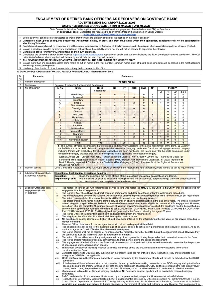 🚨 Contract Jobs for Retirees, No Jobs for Youth: SBI’s Hiring Model Under Fire

SBI has issued a notification to hire 105 retired officers as “Resolvers” on a contract basis with fixed pay of ₹45,000-₹50,000, no PF, no gratuity, no pension benefits.

A bigger question arises