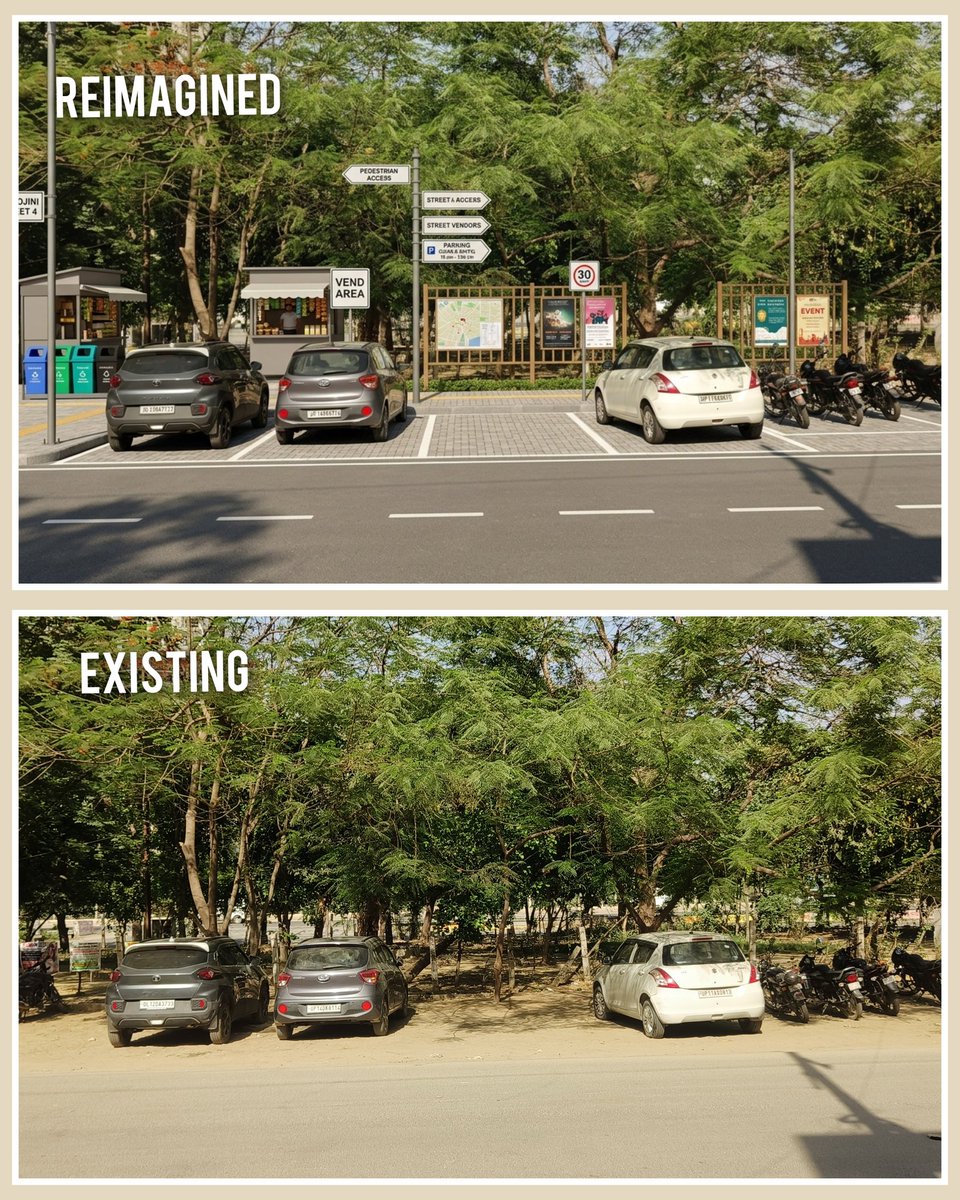 Chhabiy's tweet image. Small interventions can totally change how our streets look and also drive behavioural changes.
Above is the road in front of my apartment which has been reimagined as a #completestreet with proper road markings, footpath, designated vendor zone, dustbins, signages, trees,etc