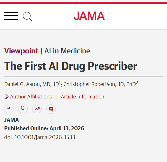 JAMA_current's tweet image. 💬 Viewpoint: Utah authorized the first autonomous #AI drug prescriber for nearly 200 medications, bypassing physician oversight and FDA review, raising questions about safety and regulatory gaps. 

ja.ma/47YBGrk