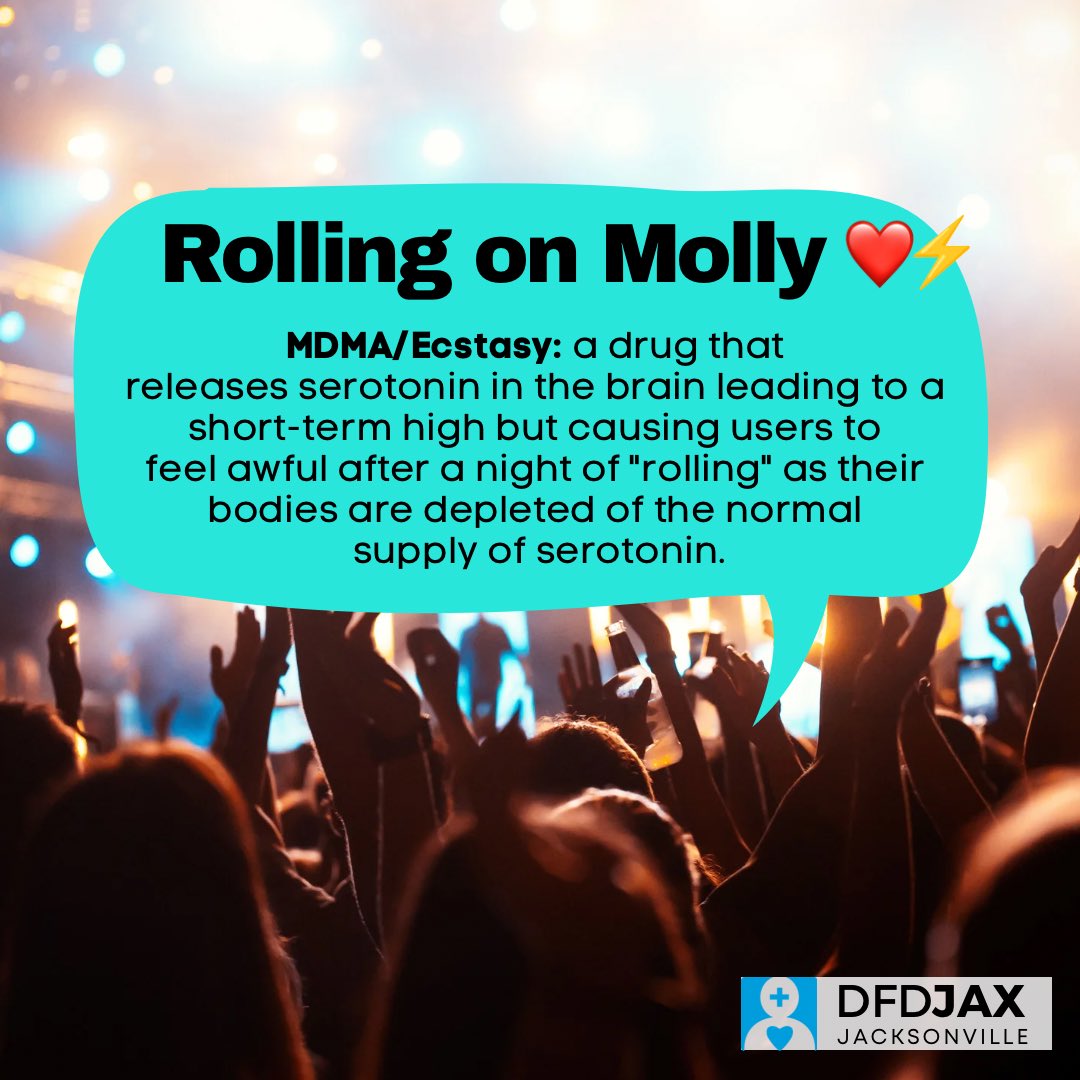 DrugFreeDuval's tweet image. “Rolling on Molly” may sound like hanging out with friends, but it’s actually slang for being high on MDMA, a synthetic drug that causes intense euphoria, energy, &amp;amp; emotion. “Molly” is often laced with fentanyl &amp;amp; can lead to overheating, organ failure, or worse💔. #WordOfTheWeek