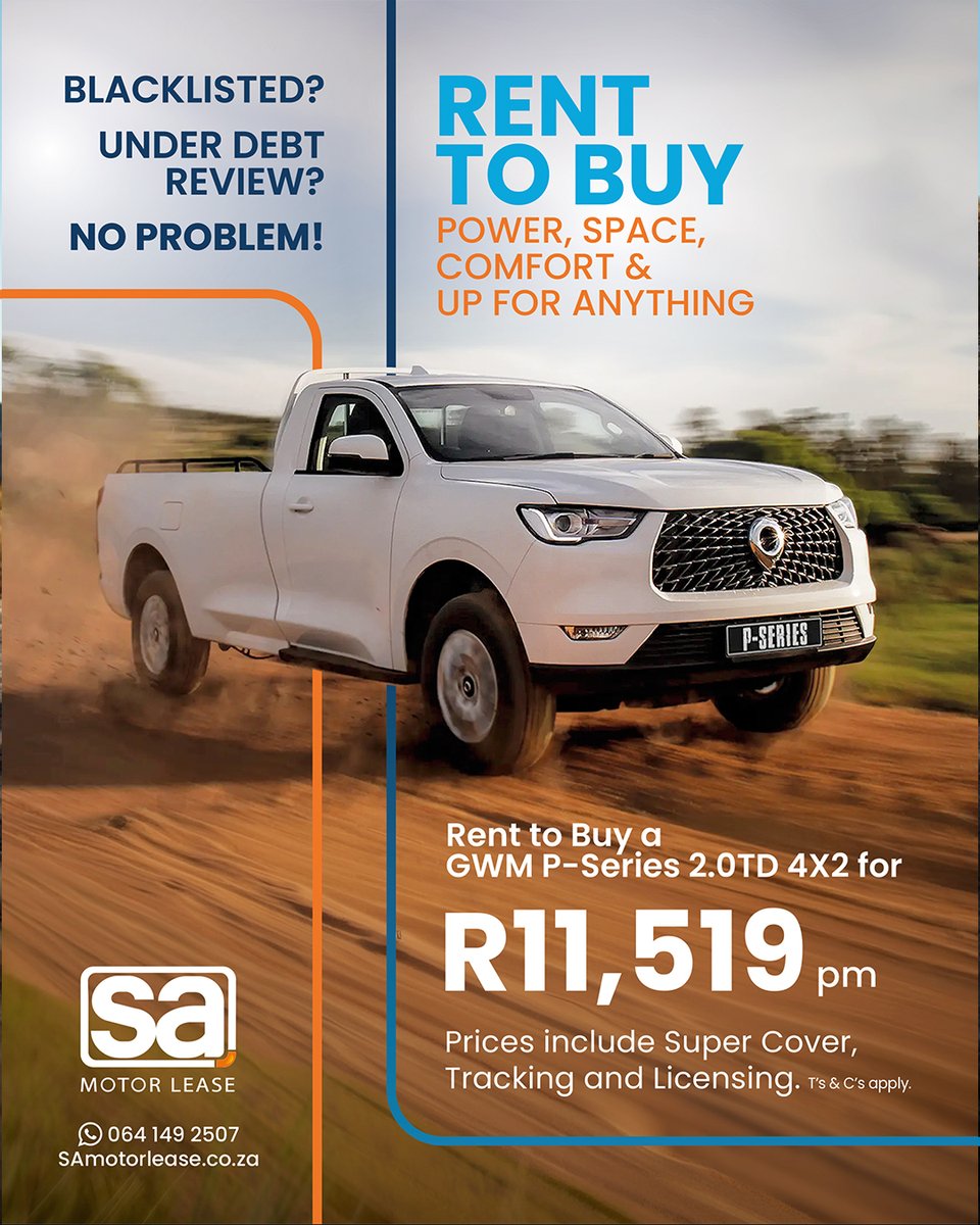SAMotorLease's tweet photo. Blacklisted? Under debt review? Still want a bakkie? Say less; apply here for rent to buy: https://t.co/6UQwhgVNri

✔ Fixed monthly payment
✔ Super cover, tracking &amp; licensing included

#RentToBuyBakkie #SAMotorLease #NoCreditChecks https://t.co/Uf8f9gw3yl