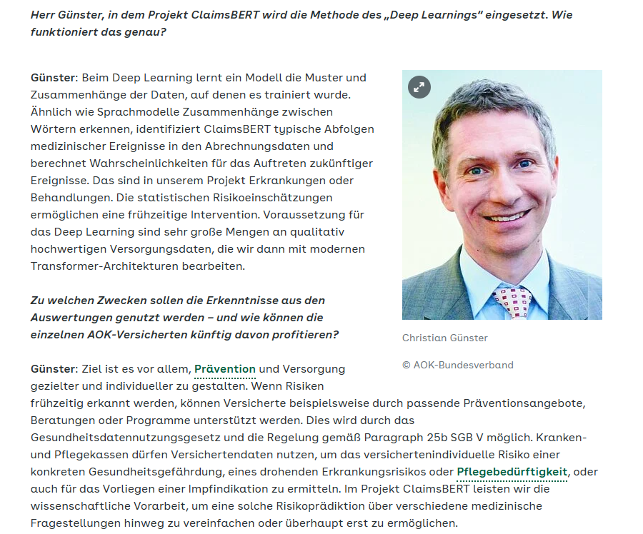 AOK_Politik's tweet image. Wie lassen sich Gesundheitsrisiken früh vorhersagen und verhindern? Im Forschungsprojekt #ClaimsBERT analysieren Fraunhofer SCAI und Wissenschaftliches Institut der #AOK (#WIdO) dazu mithilfe Künstlicher Intelligenz Abrechnungsdaten der Versicherten: aok.de/pp/bv/nachrich… #KI