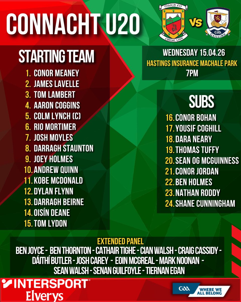 MayoGAA's tweet image. Here is a reminder of our squad for tonight's U20 game in @HastMacHalePark. 📺 The game will be streamed by @ConnachtGAA. ⤵

🎟 universe.com/users/connacht….

🎦 page.inplayer.com/connachtgaa/fu…

#mayogaa #gaa