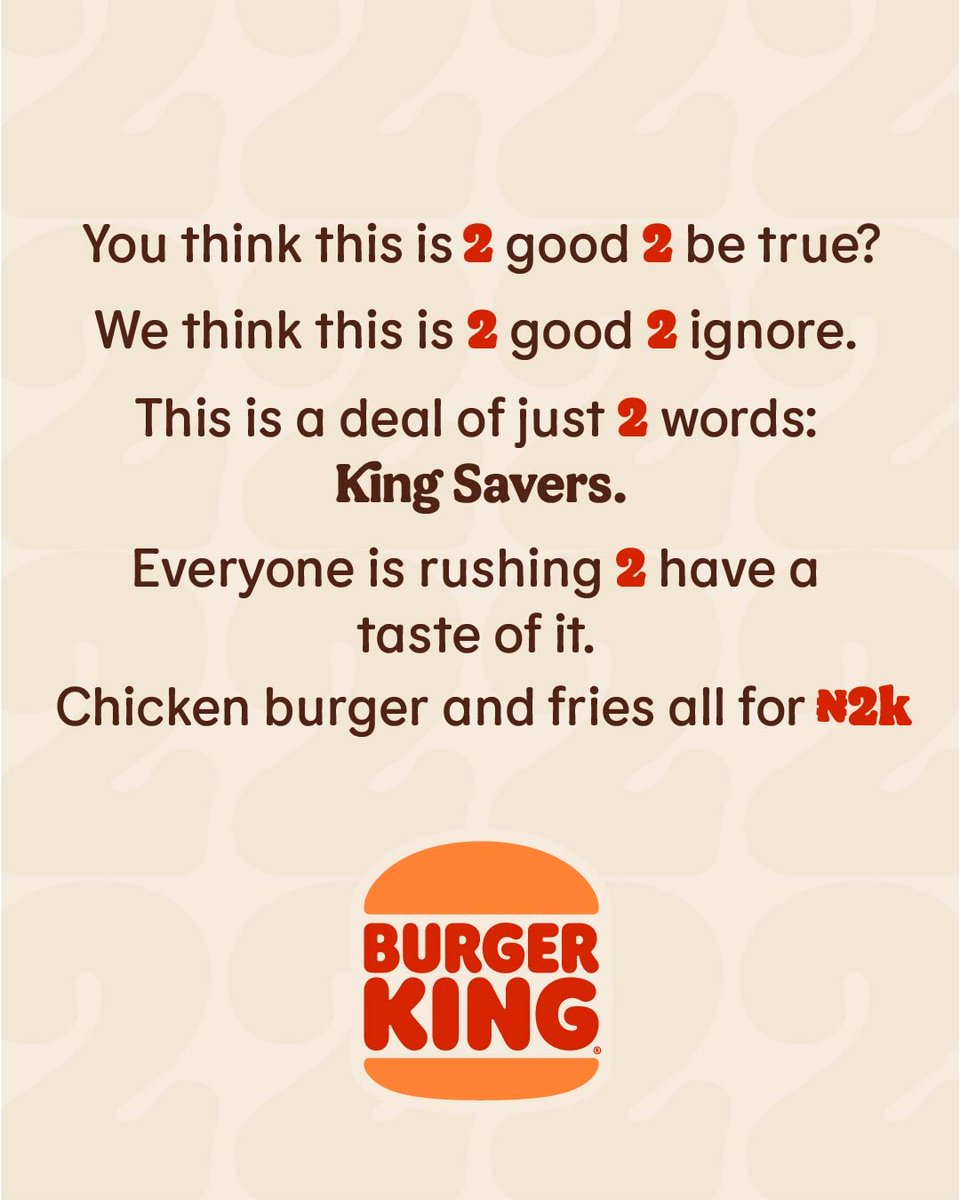 burgerkingnga's tweet image. Good things come in Twos.🤗
Enjoy the good things here at Burger King.😋

Get the Kingsavers (Chicken burger and fries) for N2,000 only

#burgerking #burgerkingnigeria #kingsavers
