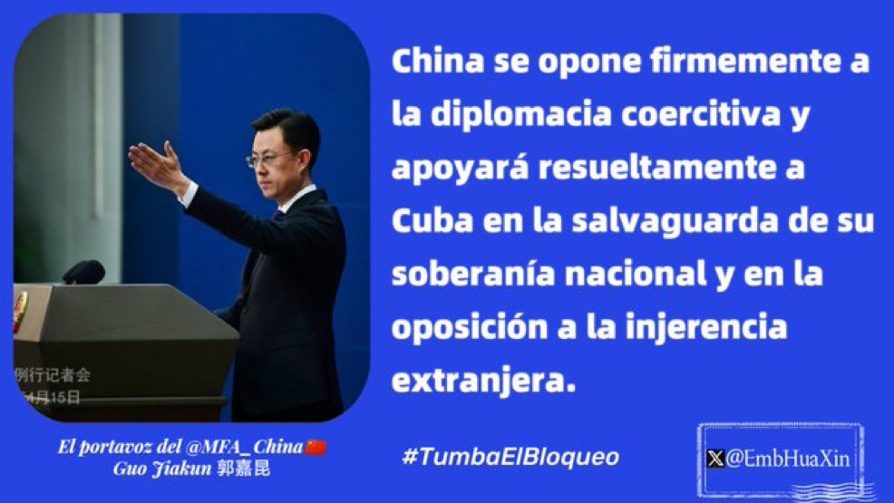 Respecto a la nueva amenaza de #EEUU contra #Cuba, el portavoz de <a href="/MFA_China/">CHINA MFA Spokesperson 中国外交部发言人</a> reiteró el firme apoyo de #China a Cuba.