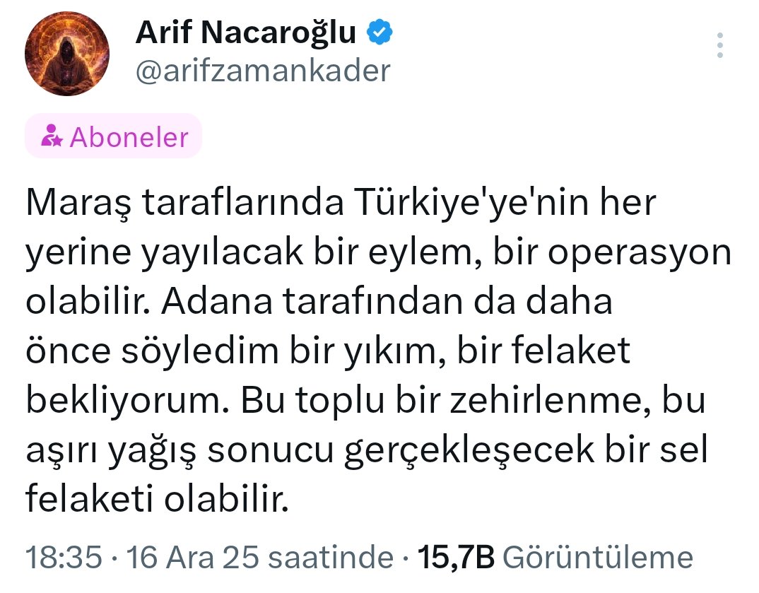 arifzamankader's tweet photo. — Adana’daki sel felaketi
— Trump ve İsrail’in düşmeye başlaması
— Gülistan Doku cinayetinin tekrar açılması, polislerin ve valinin gözaltına alınması
— Fadıl Akgündüz’ün annesinin cenazesinde olay çıkarması, AKP’yi suçlaması
— Urfa ve Maraş’ta başlayan okul baskınları

Bu beş olayı aynı ekip yaptı. Hepsi birbirinin devamı. Birazdan sayfamda, kilitli olarak bundan sonrasını anlatacağım. Sayfamı takip eden ve abone olanlar bunları görebilir.