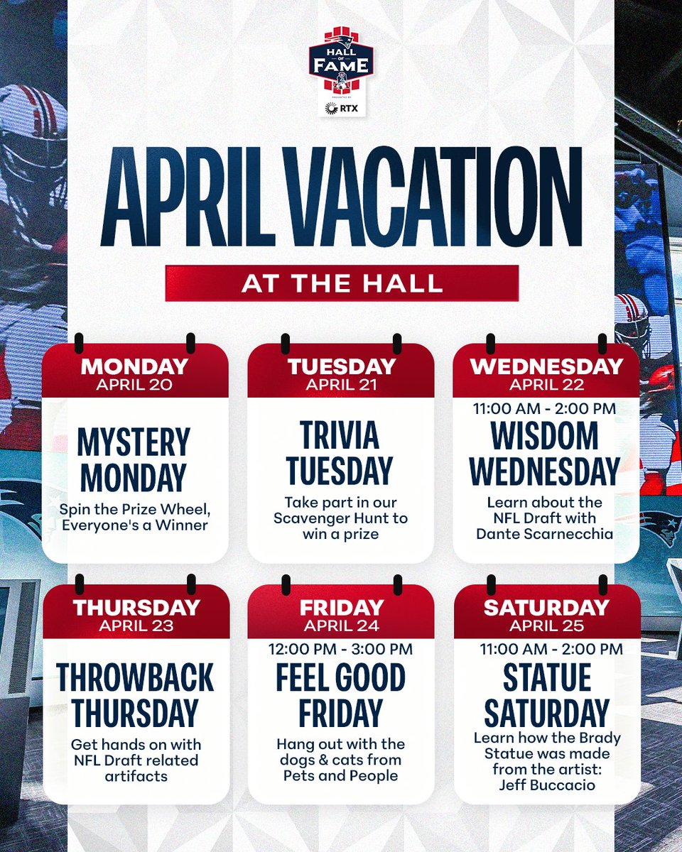 TheHall's tweet image. April Vacation is here 🎉 come by the Hall and take part in our many fun activities!

🔎#MysteryMonday
📜#TriviaTuesday
🏈#WisdomWednesday
⌛️#ThrowbackThursday
🐶♥️#FeelGoodFriday
🏆 #StatueSaturday

For more information visit: patriotshalloffame.com/april-vacation/