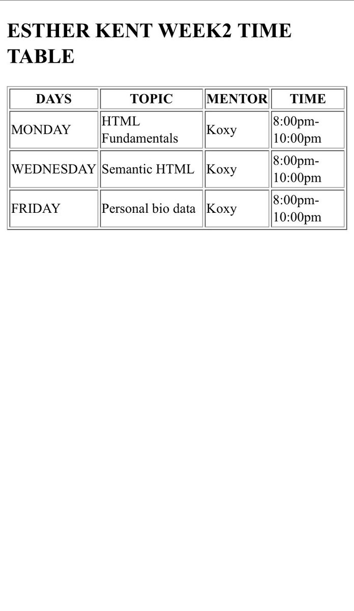 Esther_Sesede's tweet image. Week 2 of my web development journey @womenindefi_org  mentored by @koxy_Dev 

Just completed my Week 2 assignment

Built my first HTML table using &amp;lt;table&amp;gt;, &amp;lt;tr&amp;gt;, &amp;lt;th&amp;gt;, &amp;lt;td&amp;gt; 

It’s my first time coding, and I’m proud of this step 🙌
#LearningInPublic #WebDevelopment